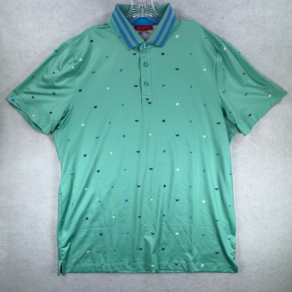 Redvanly Mens Golf Polo Shirt Large Green Heart Butterfly Panther Print S/S - Picture 2 of 8